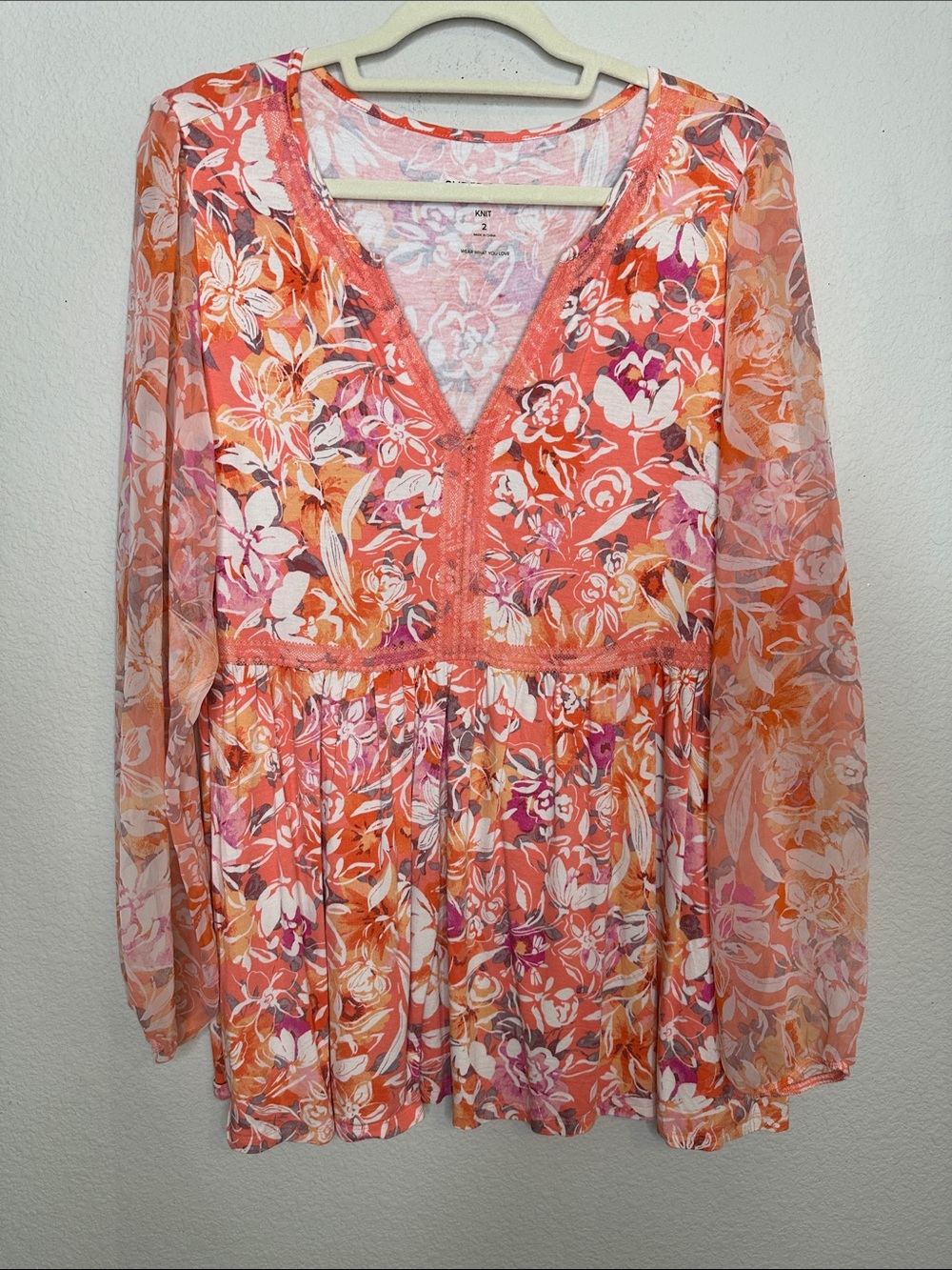 torrid Coral & Pink Floral V-Neck‎ Peasant Tunic Top